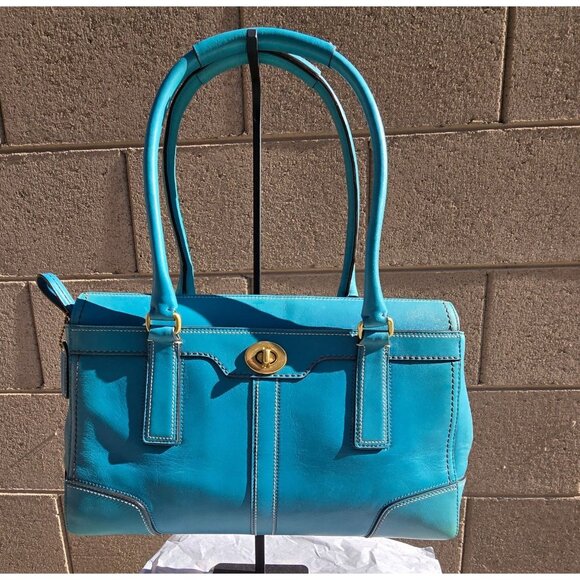 Vintage Coach Hampton Turn Lock Teal/Turquoise Leather Carry All Satchel Bag - Picture 8 of 16